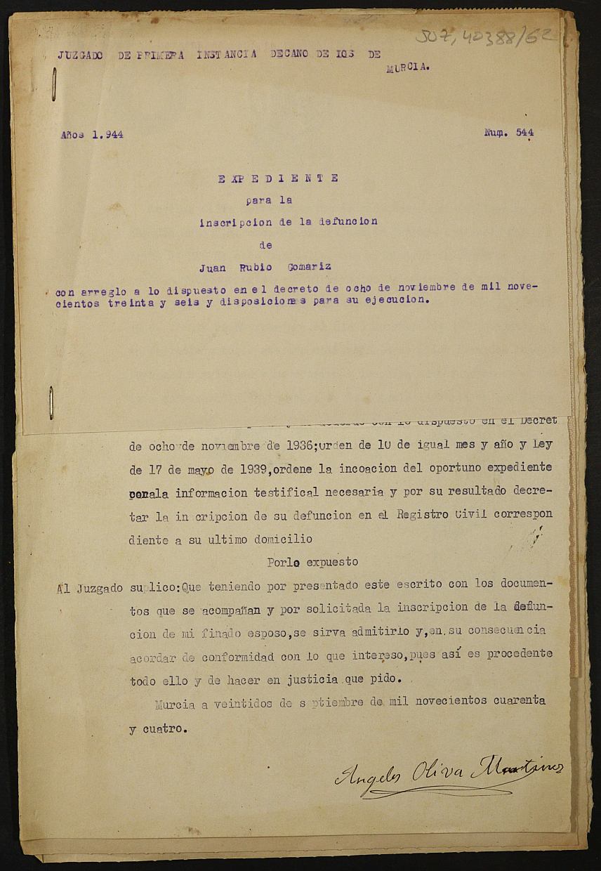 Expediente 544/1944 del Juzgado de Primera Instancia de Murcia para la inscripción en el Registro Civil por la desaparición en el frente de Juan Rubio Gomariz.